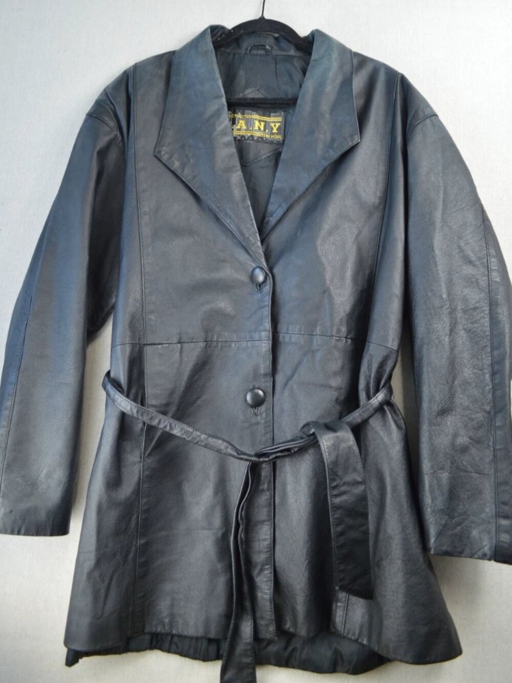 Vintage D.A.N.Y Womens Black Leather Jacket Belted Button Front Long Sleeve